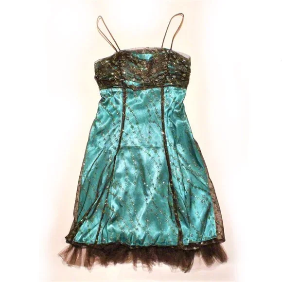 Morgan 4 Ever | Dresses | Prom Dress Morgan 4 Ever Brown Tulle Blue  Turquoise Satin Womens Size 2 Xs